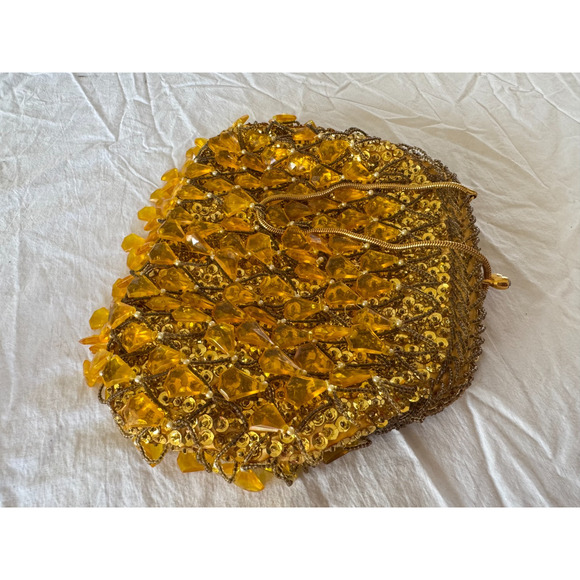 Vtg Richere Bag by Walborg Dangle Beads Sequins Yellow Gold Purse Evening Bag - Picture 7 of 10